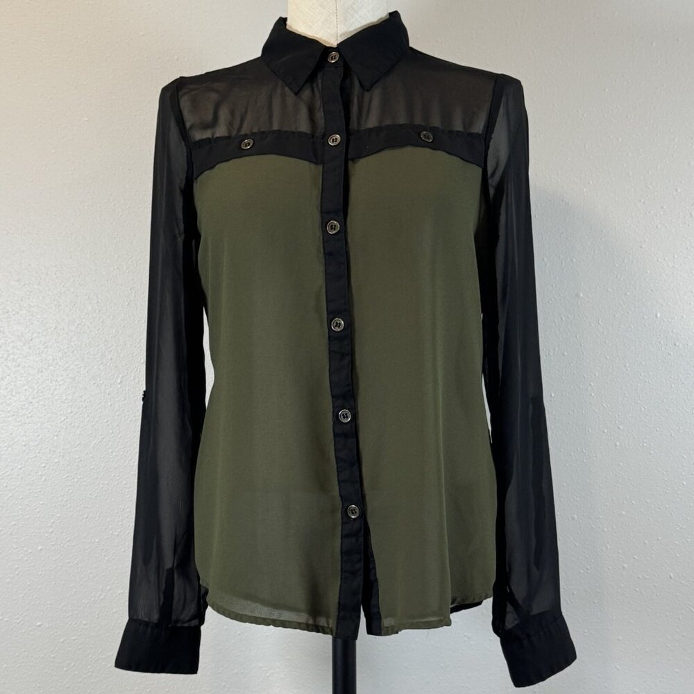 Vanity Womens Green Black Colorblock Semi Sheer Blouse Roll-tab Sleeve Sz Small